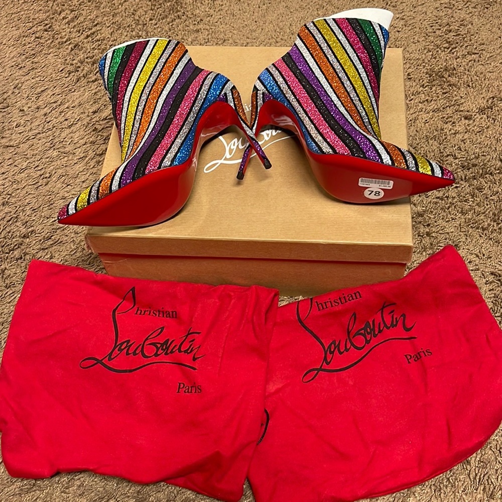 NEW Christian Louboutin Multicolor So Kate 100 Striped Rainbow Glitter Booty